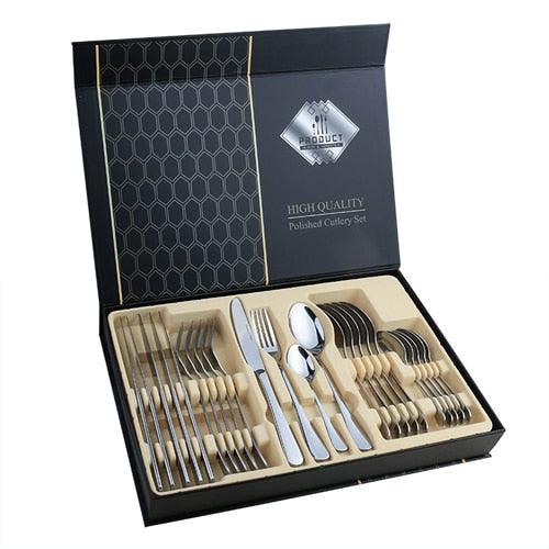 24pcs Gold Tableware Set - Fork Spoon Knife Cutlery Set - Stainless Steel Kitchen Holiday Gift Box (AK6)(1U61)