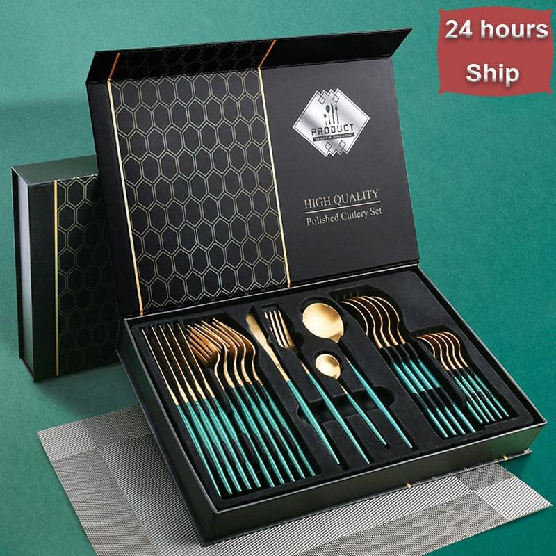 24pcs Gold Tableware Set - Fork Spoon Knife Cutlery Set - Stainless Steel Kitchen Holiday Gift Box (AK6)(1U61)
