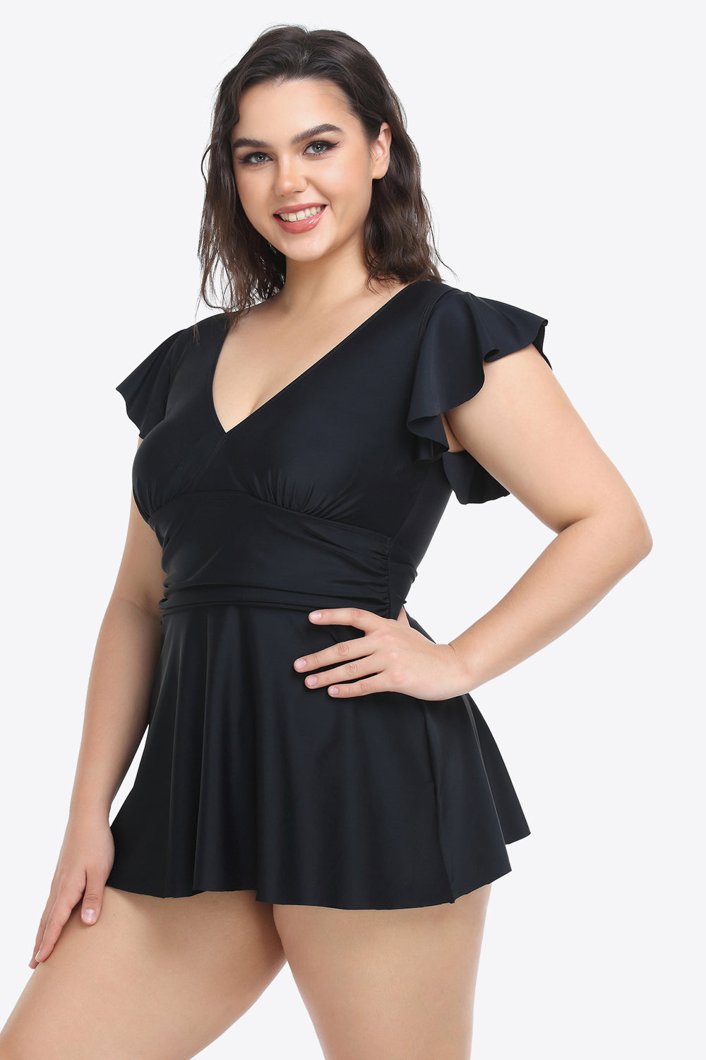 Plus Size Ruffled Plunge Swim Dress and Bottoms Set (TB13D) T