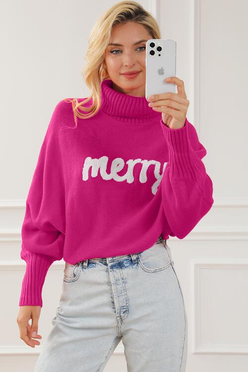 Merry Letter Embroidered High Neck Sweater - Deals DejaVu