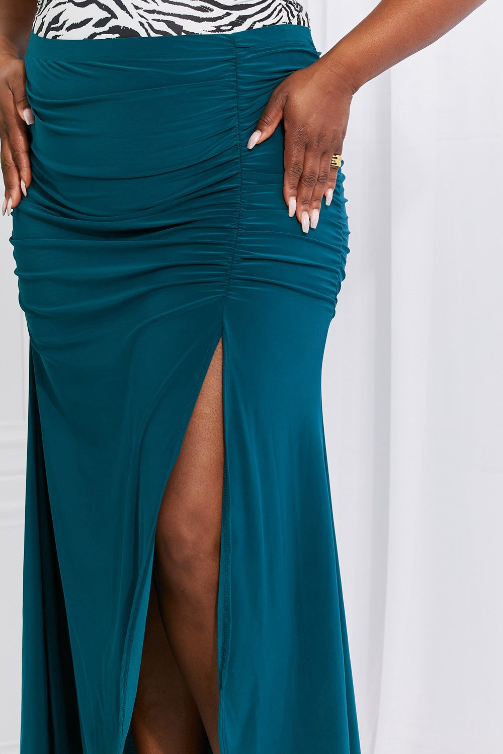 White Birch Full Size Up and Up Ruched Slit Maxi Skirt in Teal (TB7) T