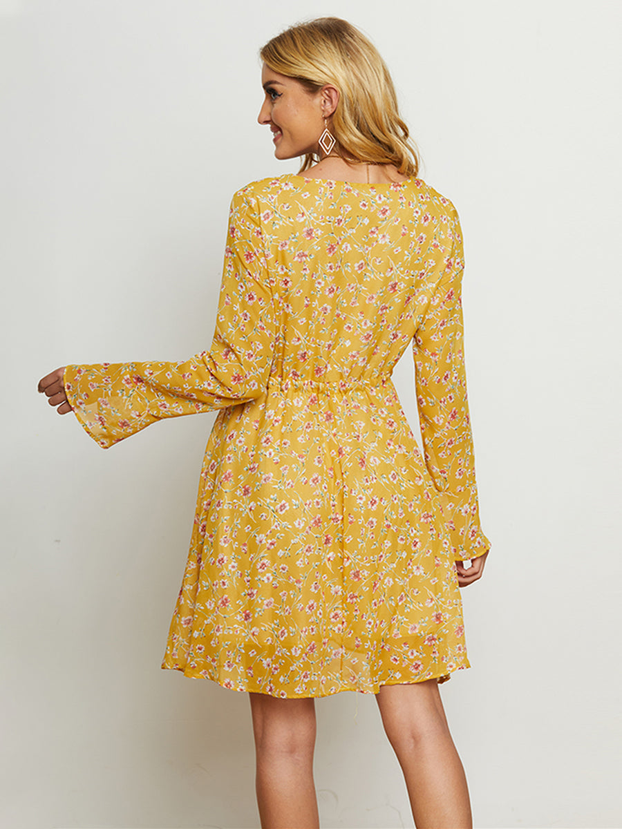 Floral Drawstring Waist V-Neck Dress (BWD)(WS06)T