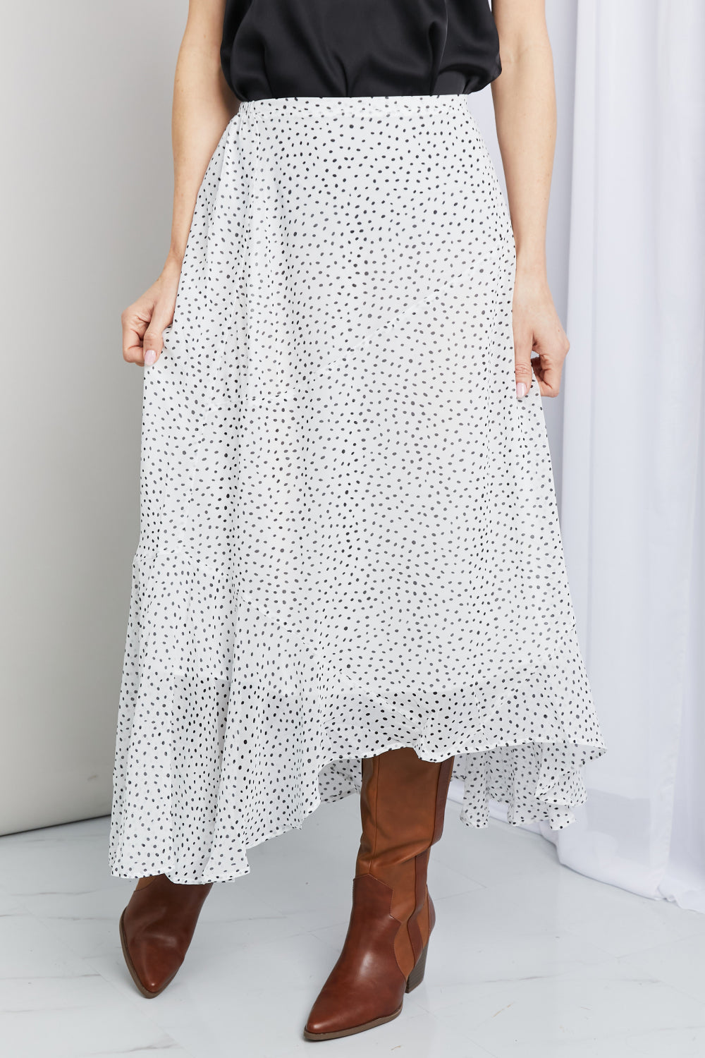 Zenana Polka Dot Ruffle Hem Midi Skirt in Ivory/Black (TB7) T