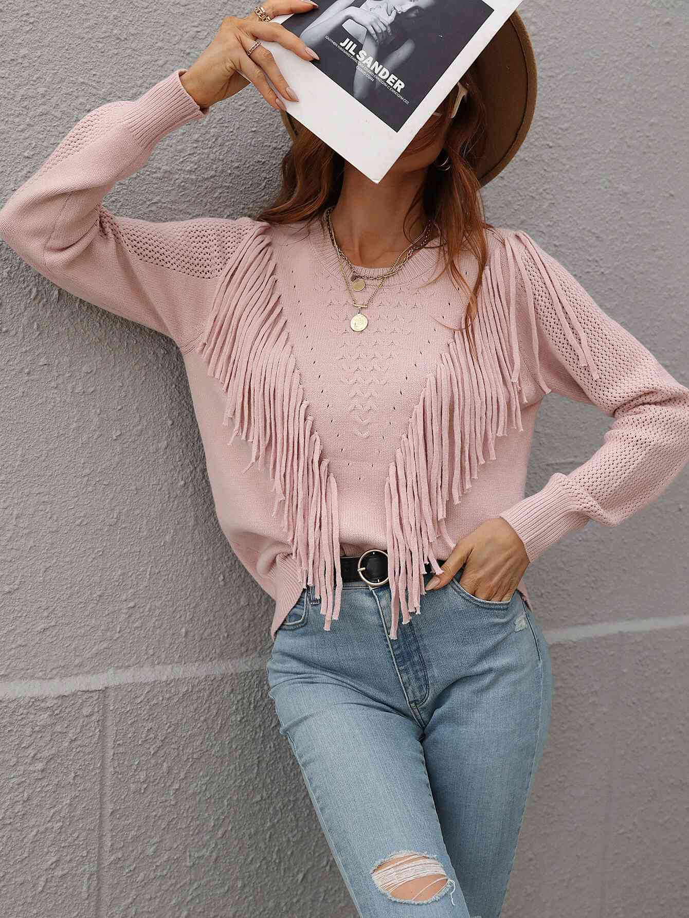 Double Take Fringe Detail Ribbed Trim Sweater - Deals DejaVu