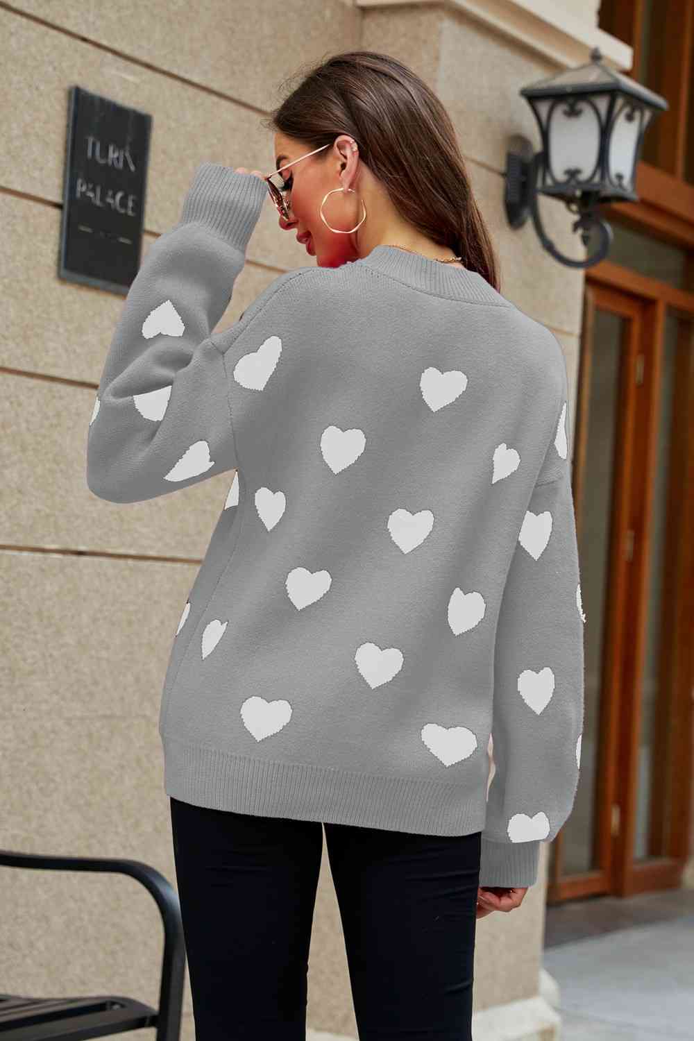 Woven Right Heart Pattern Lantern Sleeve Round Neck Tunic Sweater - Deals DejaVu
