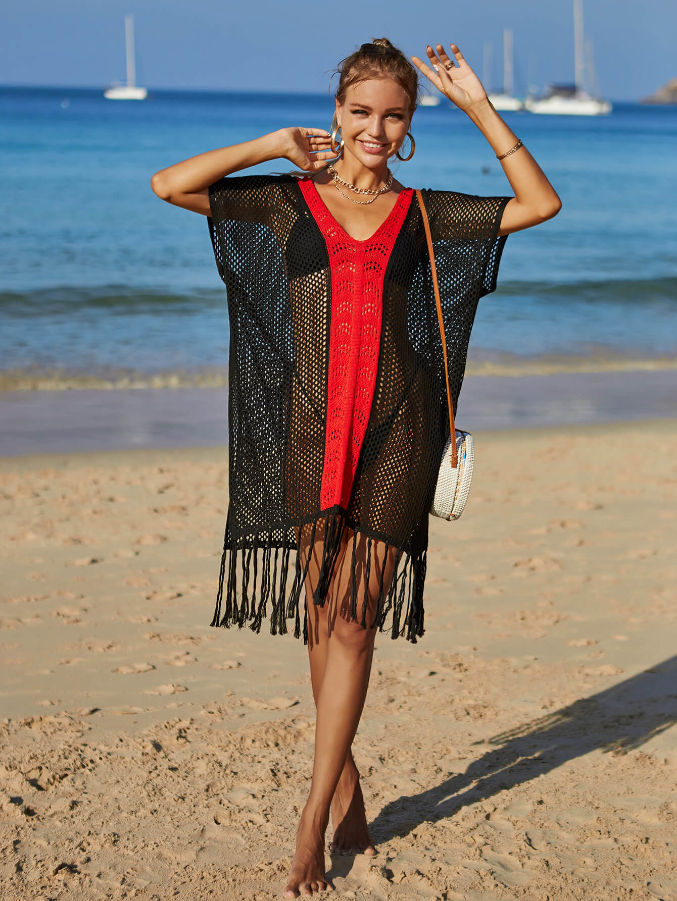 Contrast Fringe Trim Openwork Cover-Up Dress (TB11D) T