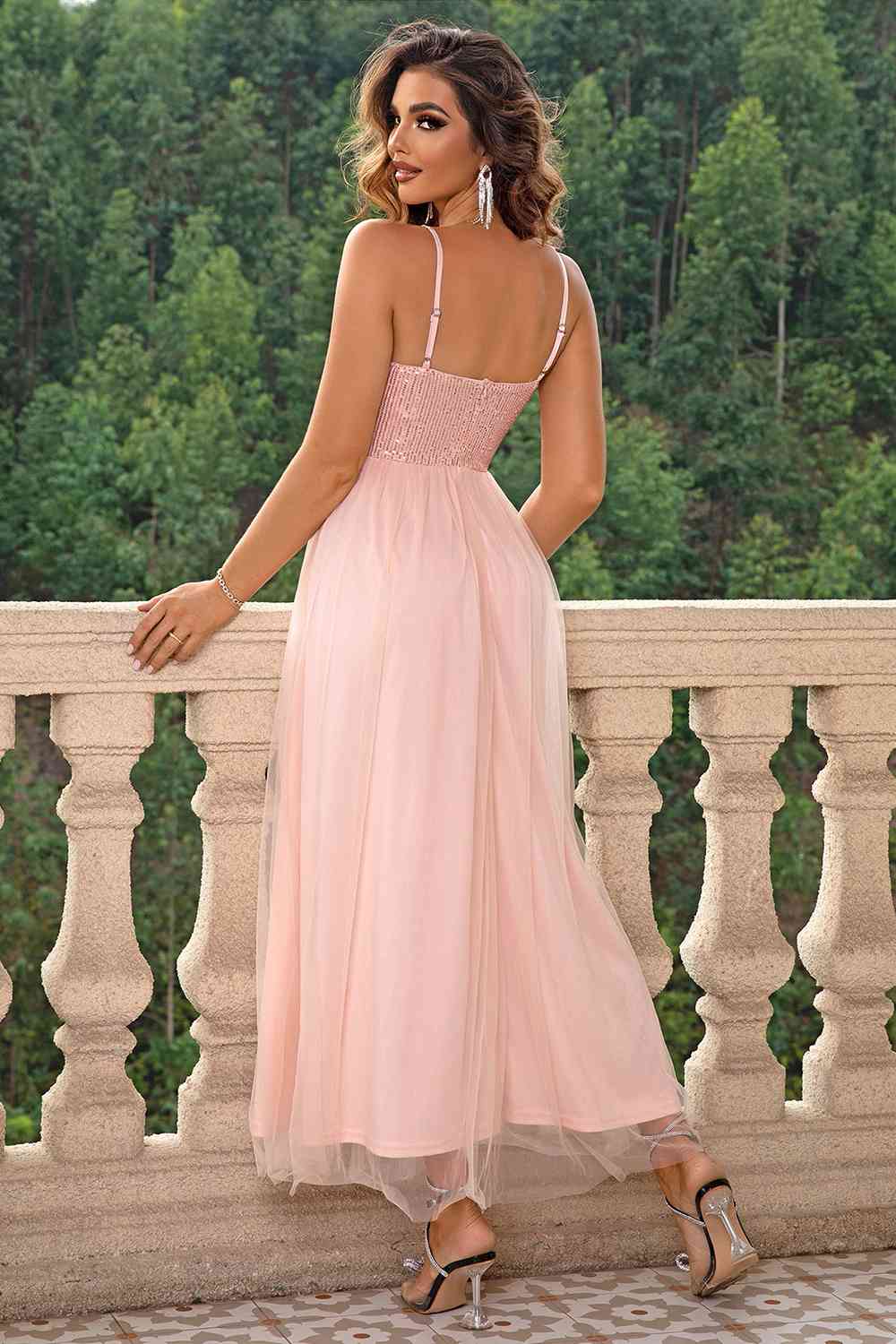 Spaghetti Strap Slit Mesh Dress (BWM) T - Deals DejaVu