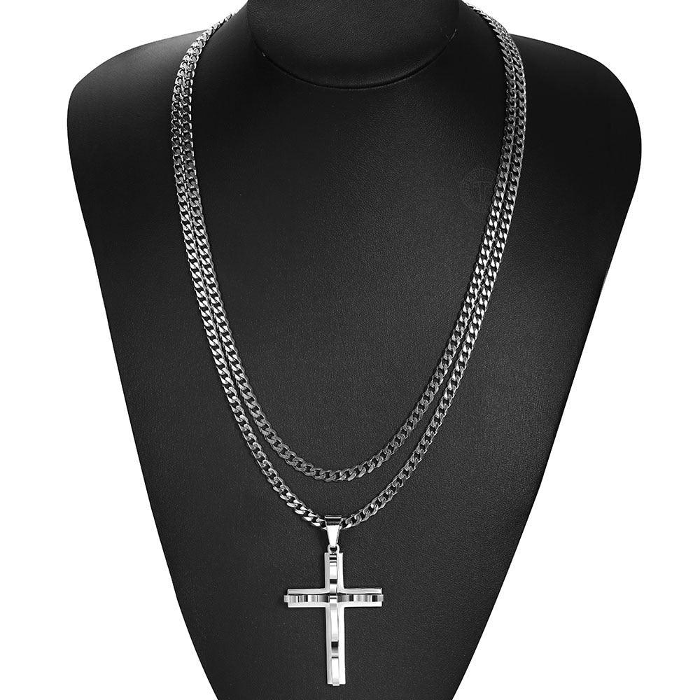 Great 2Pcs Silver Color Cross Pendant Necklace - Flat Curb Cuban Stainless Steel Chain (2U83)