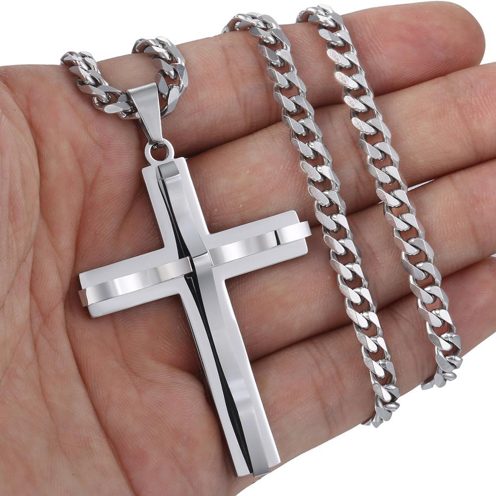 Great 2Pcs Silver Color Cross Pendant Necklace - Flat Curb Cuban Stainless Steel Chain (2U83)