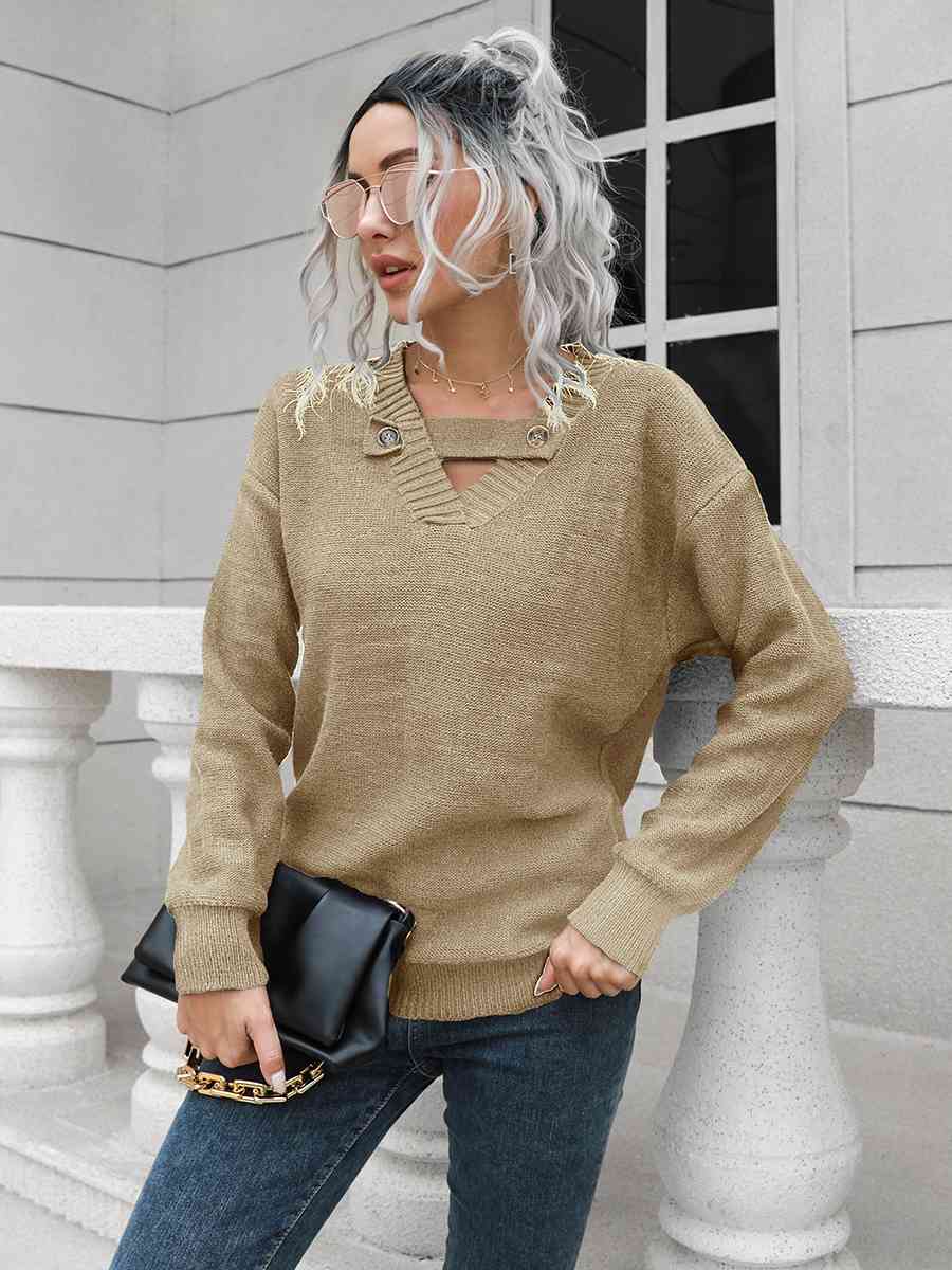 Dropped Shoulder Button Detail Sweater - Deals DejaVu