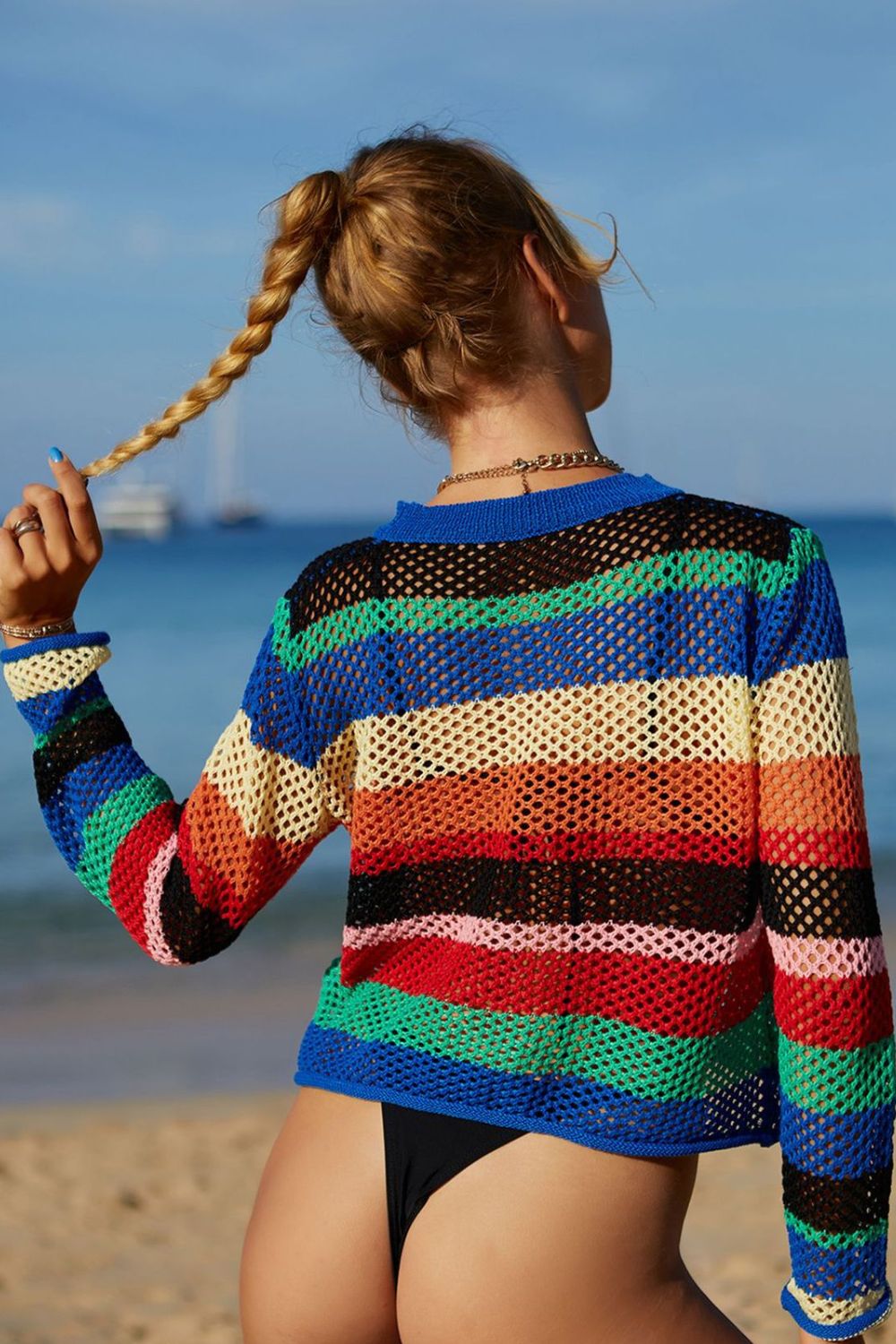 Rainbow Stripe Openwork Long Sleeve Cover-Up (TB11D) T