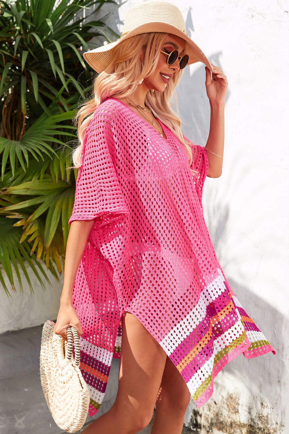 Rainbow Stripe Openwork Slit Cover-Up (TB11D) T - Deals DejaVu