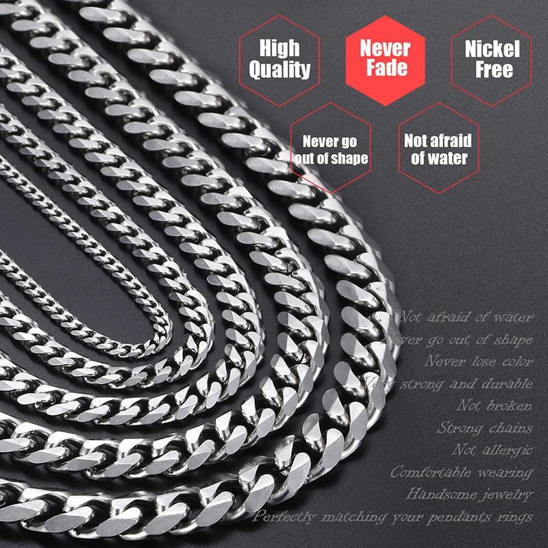 3-11mm Men's Curb Chain Necklace - Silver Color Stainless Steel Curb - Punk Classic Jewelry (2U83)