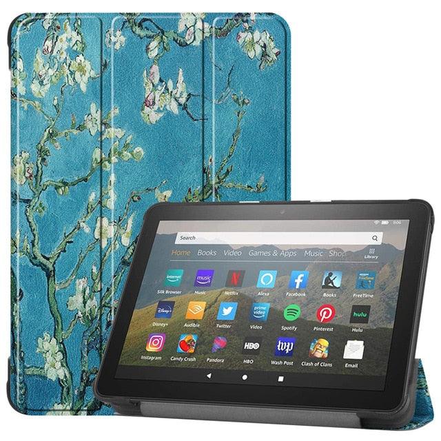 3 Fold Leather Stand Shell For Amazon Fire HD 8 Plus 2020 Cover For New Kindle Fire HD 8 2020 Case & Tempered Glass Film (D47)(TLC3)(TLC4)
