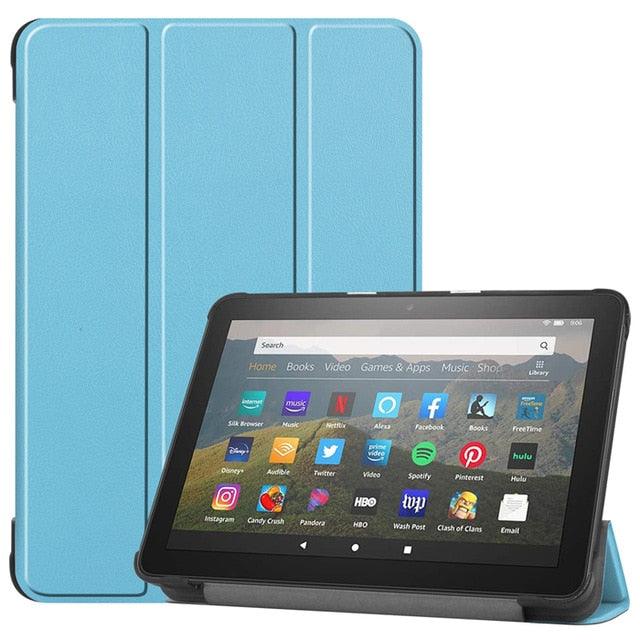 3 Fold Leather Stand Shell For Amazon Fire HD 8 Plus 2020 Cover For New Kindle Fire HD 8 2020 Case & Tempered Glass Film (D47)(TLC3)(TLC4)