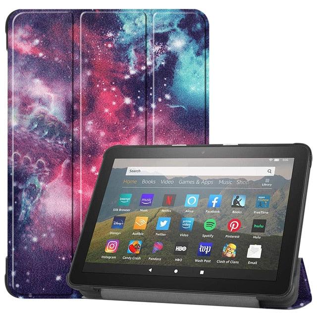 3 Fold Leather Stand Shell For Amazon Fire HD 8 Plus 2020 Cover For New Kindle Fire HD 8 2020 Case & Tempered Glass Film (D47)(TLC3)(TLC4)