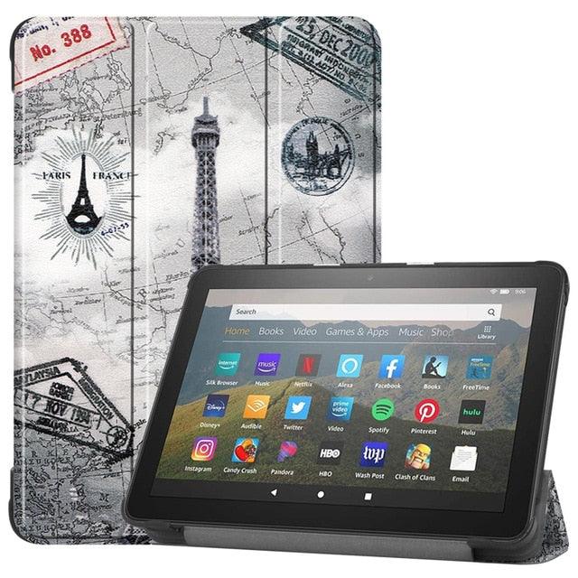 3 Fold Leather Stand Shell For Amazon Fire HD 8 Plus 2020 Cover For New Kindle Fire HD 8 2020 Case & Tempered Glass Film (D47)(TLC3)(TLC4)