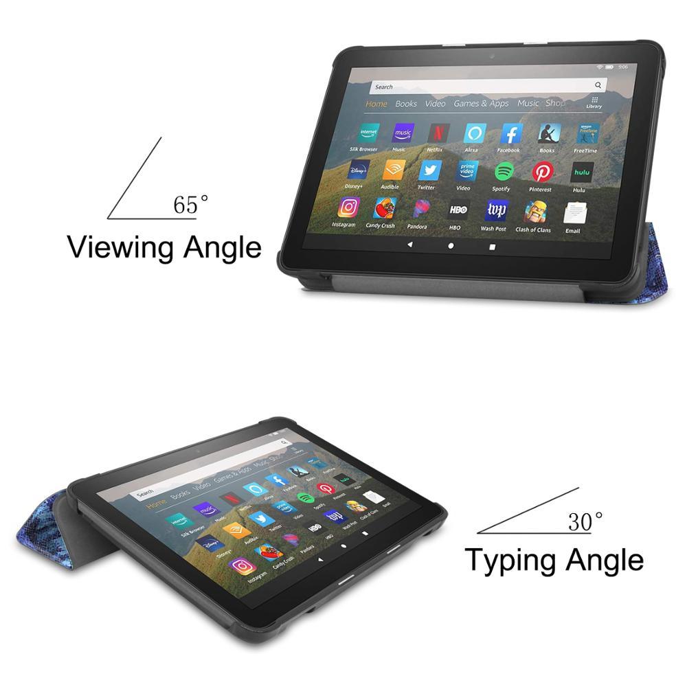 3 Fold Leather Stand Shell For Amazon Fire HD 8 Plus 2020 Cover For New Kindle Fire HD 8 2020 Case & Tempered Glass Film (D47)(TLC3)(TLC4)