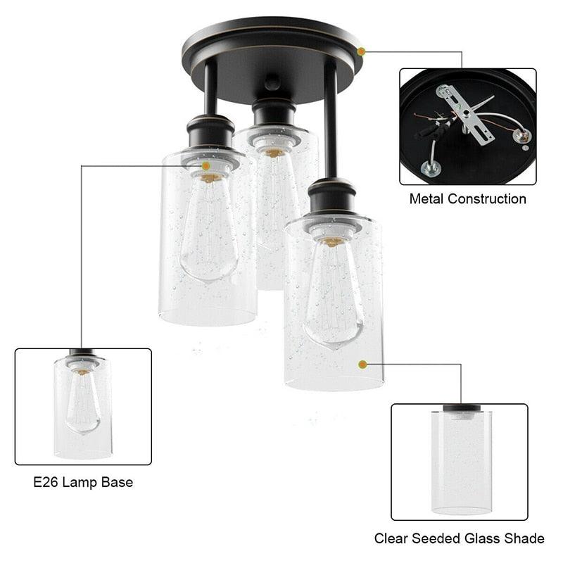 3 Light Black Base Semi Flush Mount Ceiling Light High Quality Transparent Bubble Glass (LL1)(1U58)