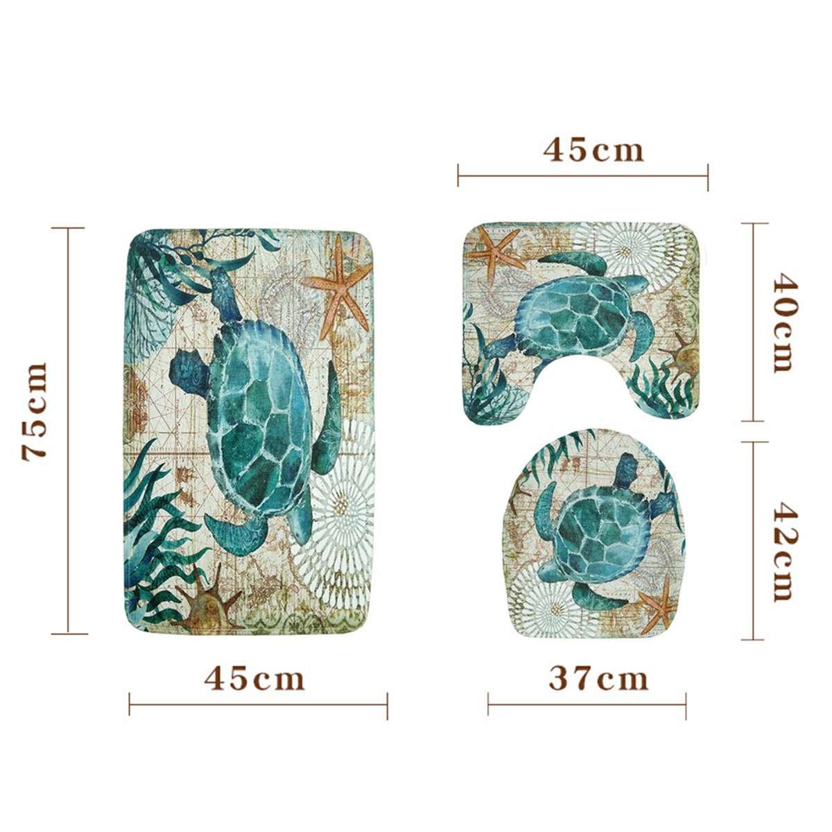 3 Pieces Set Toilet Seat Cover WC Set Sea Turtle Printed Bathroom Mat Washable Rug for WashingRoom (D68)(RU4)(1U68)