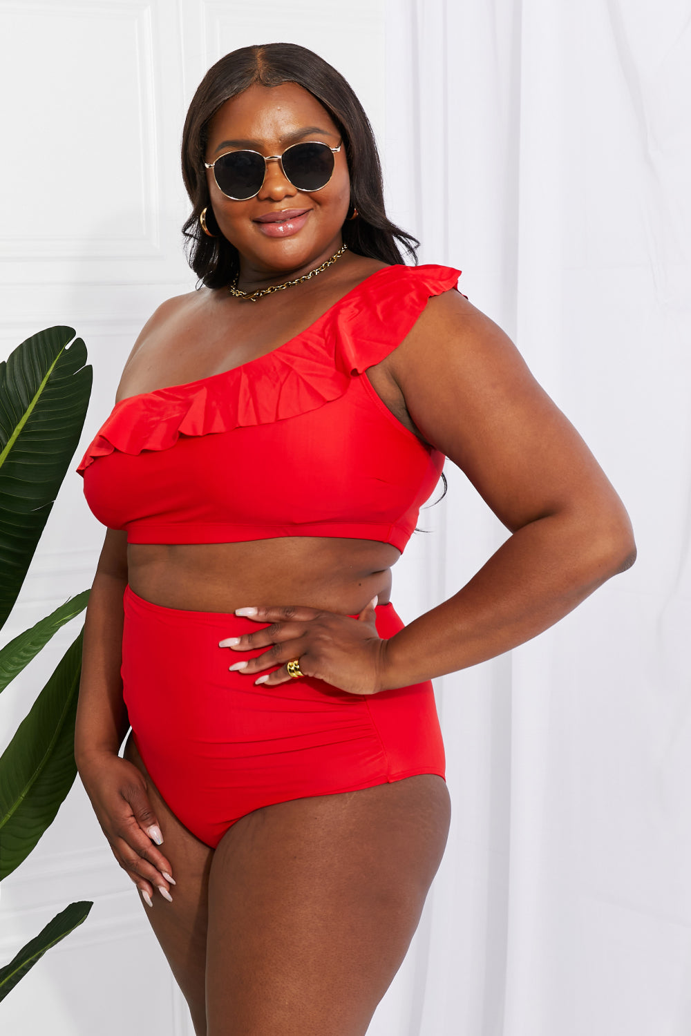 Marina West Swim Seaside Romance Ruffle One-Shoulder Bikini in Red (TB9D) T