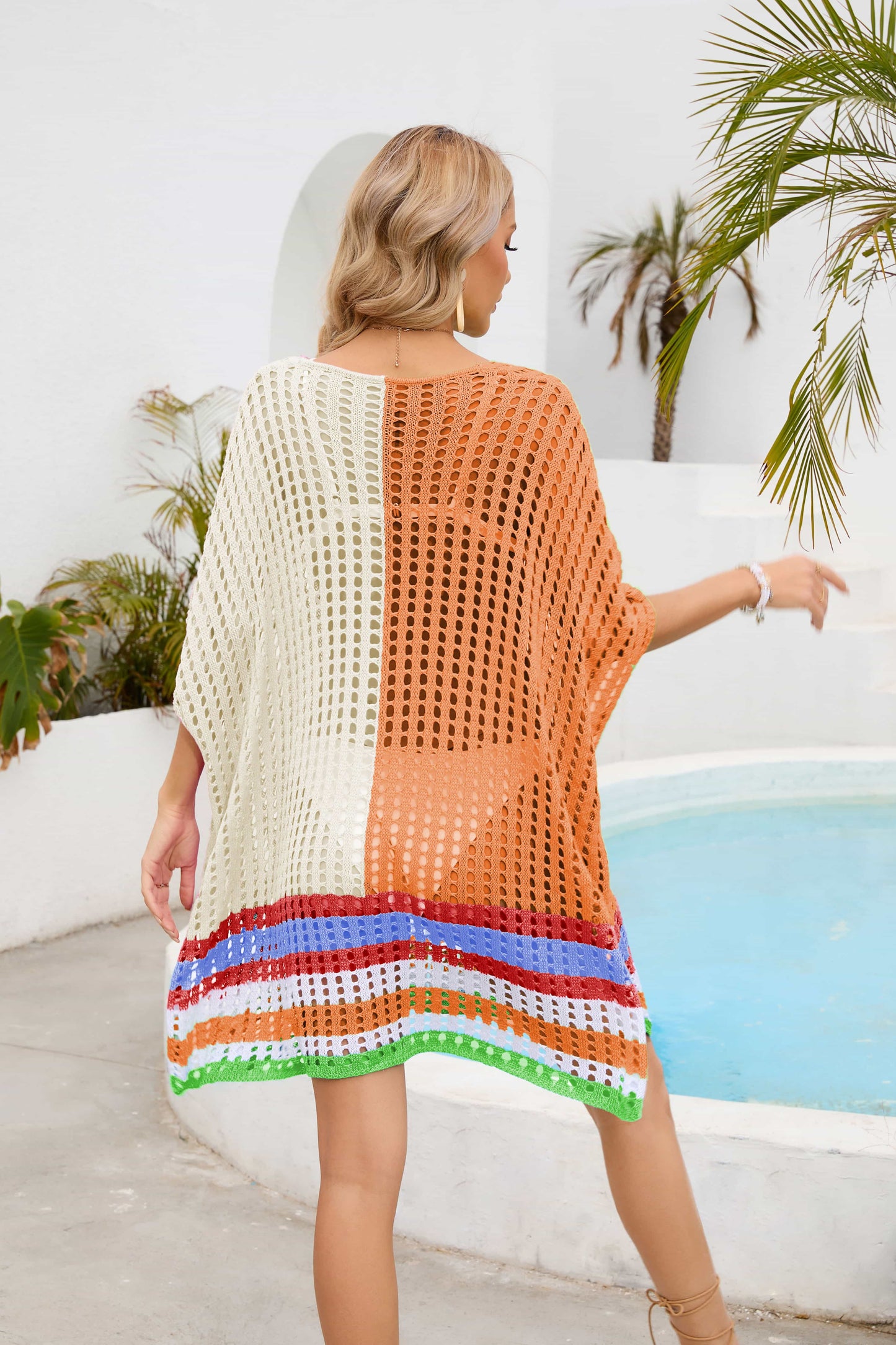 Contrast Scoop Neck Openwork Half Sleeve Cover Up (TB11D) T