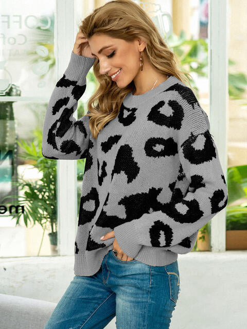 Drop Shoulder Leopard Pullover Sweater - Deals DejaVu