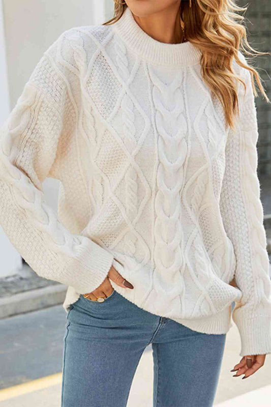 Cable-Knit Round Neck Long Sleeve Sweater - Deals DejaVu
