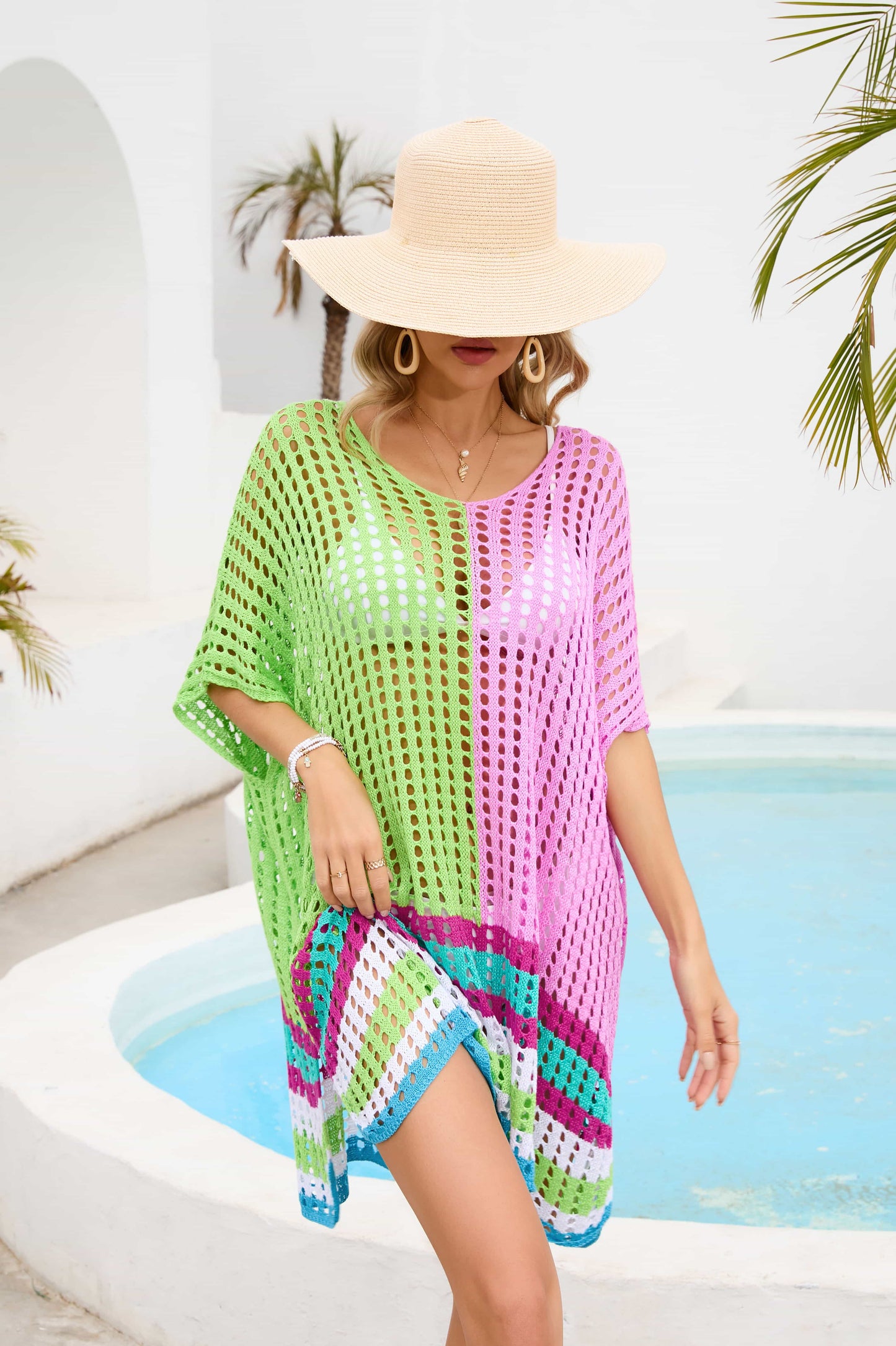 Contrast Scoop Neck Openwork Half Sleeve Cover Up (TB11D) T