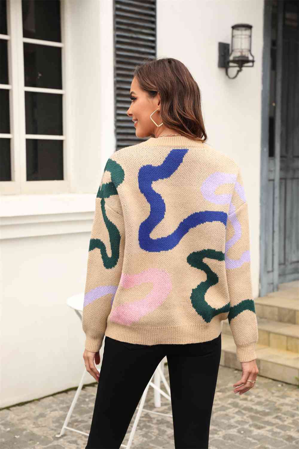 Printed Round Neck Dropped Shoulder Pullover Sweater - Deals DejaVu