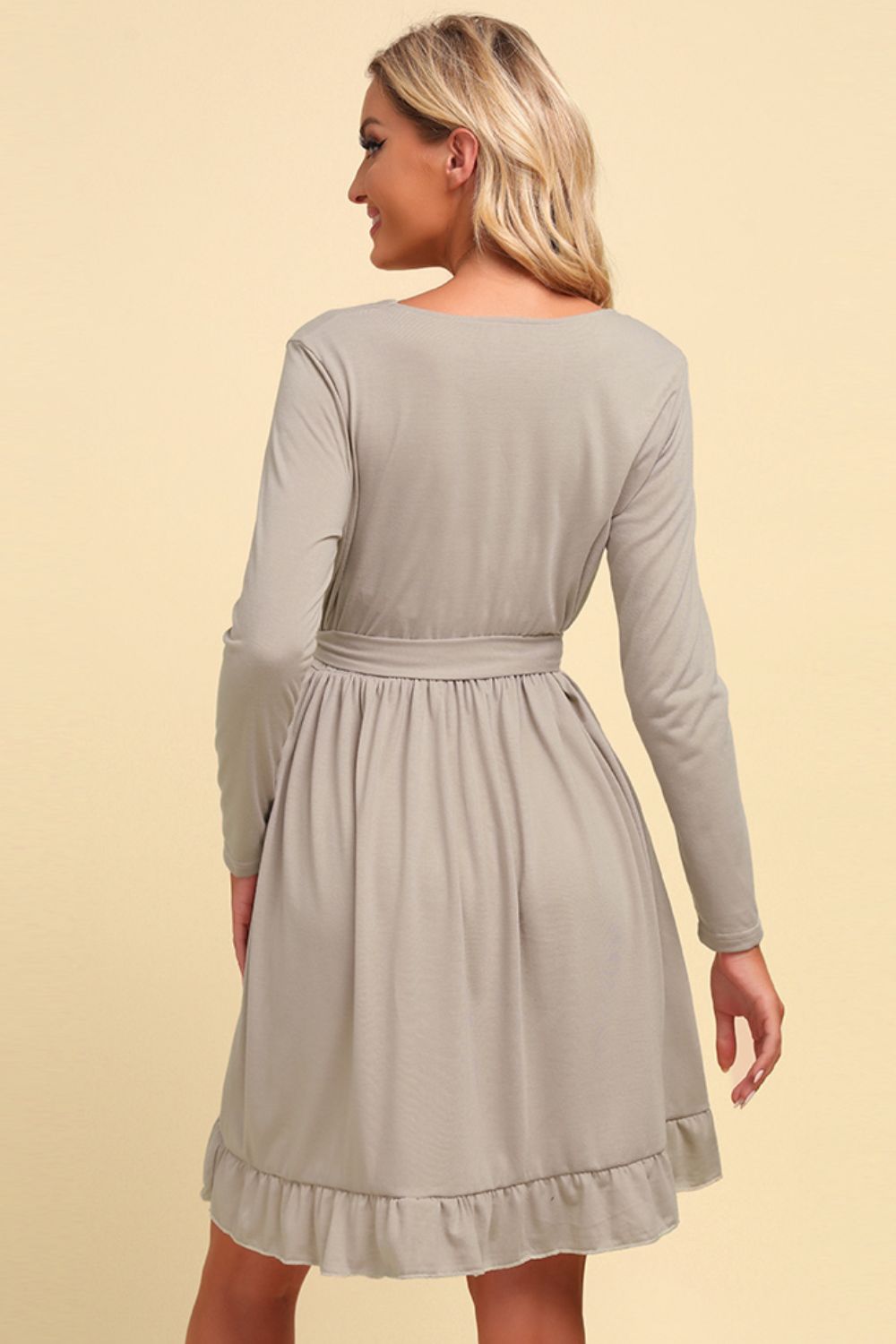 Long Sleeve Tie Waist Ruffle Hem Dress (BWD)(WS06)T - Deals DejaVu