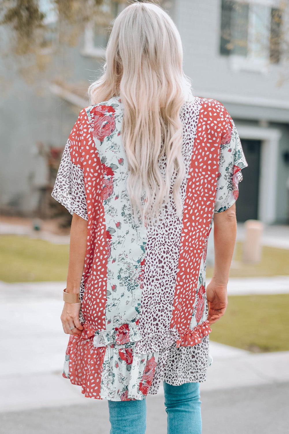 Mixed Print Ruffle Hem Kimono (TB11D) T