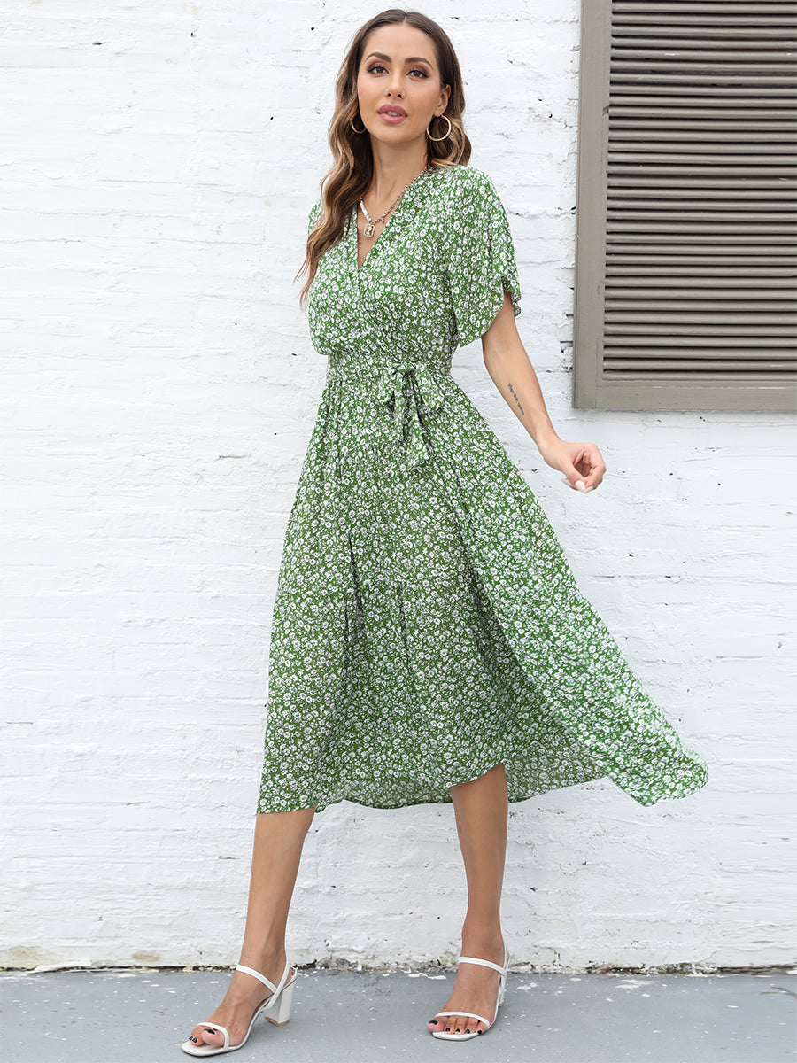 Ditsy Floral Tie-Waist Short Sleeve V-Neck Dress (BWD)(WS06)T