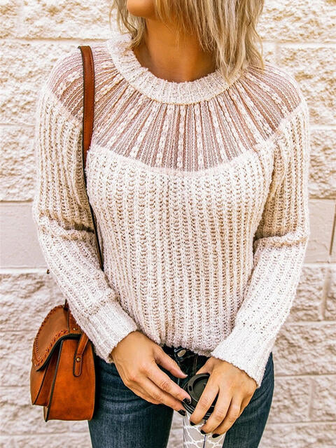 Round Neck Rib-Knit Sweater - Deals DejaVu