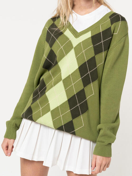 Geometric V-Neck Long Sleeve Sweater - Deals DejaVu