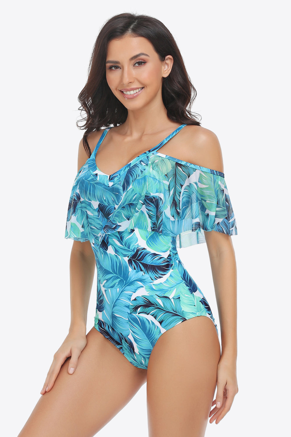 Botanical Print Cold-Shoulder Layered One-Piece Swimsuit (TB10D) T