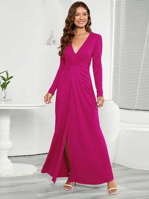 V-Neck Long Sleeve Split Dress (BWM) T - Deals DejaVu