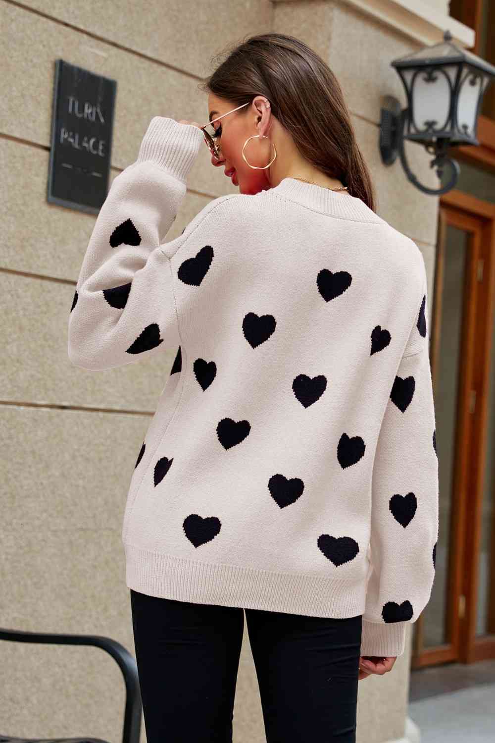 Woven Right Heart Pattern Lantern Sleeve Round Neck Tunic Sweater - Deals DejaVu