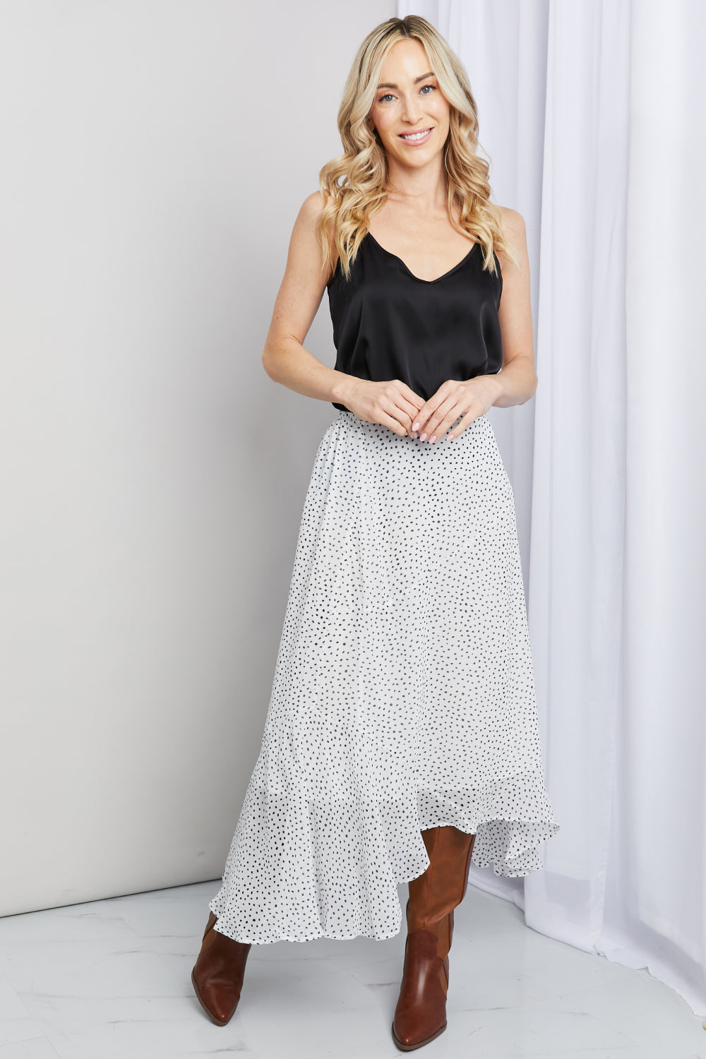 Zenana Polka Dot Ruffle Hem Midi Skirt in Ivory/Black (TB7) T