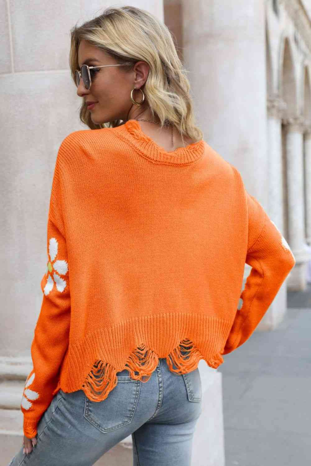 Flower Distressed Ribbed Trim Sweater - Deals DejaVu