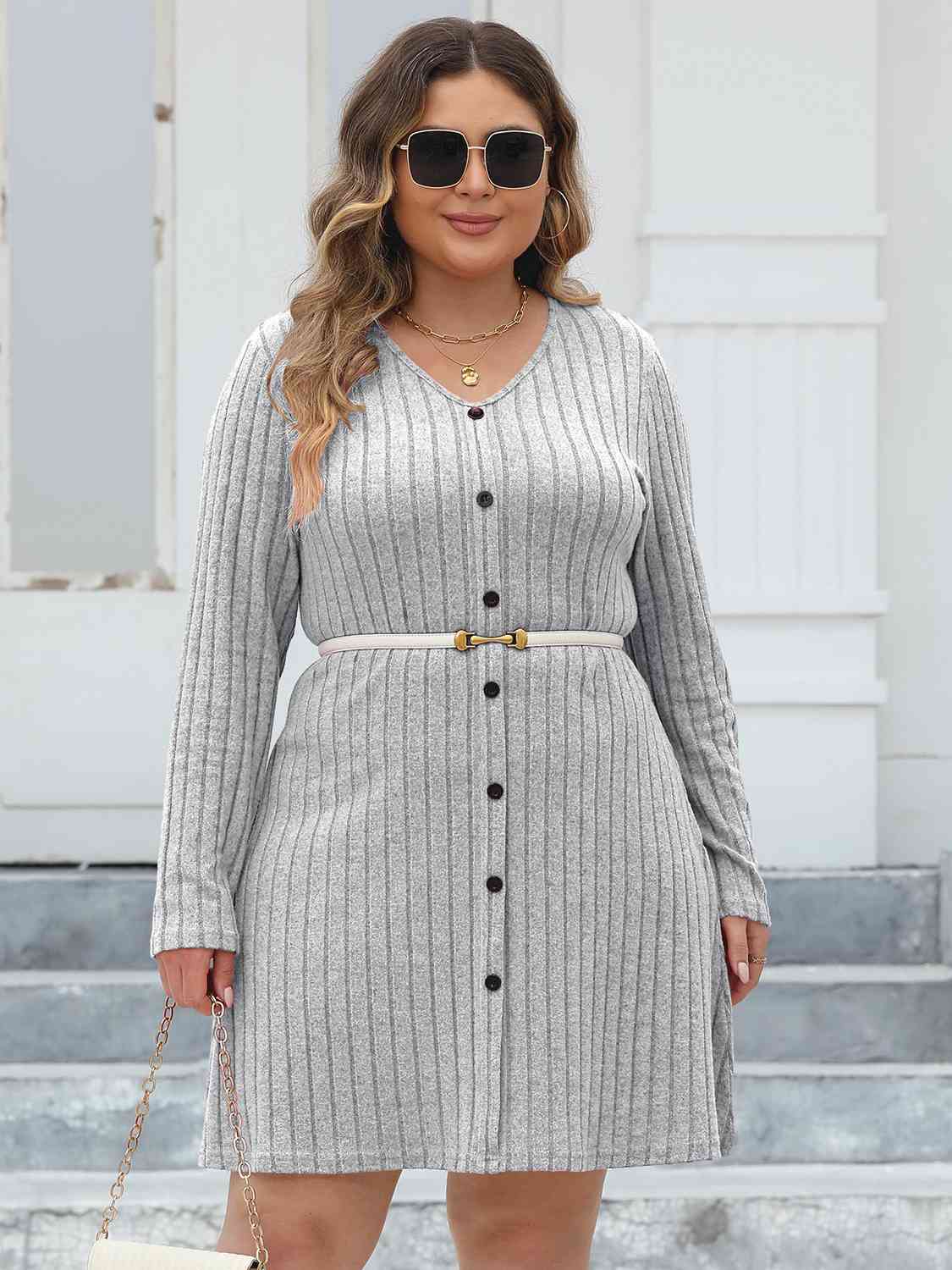 Plus Size Ribbed Buttoned V-Neck Long Sleeve Dress (MWBT) T - Deals DejaVu