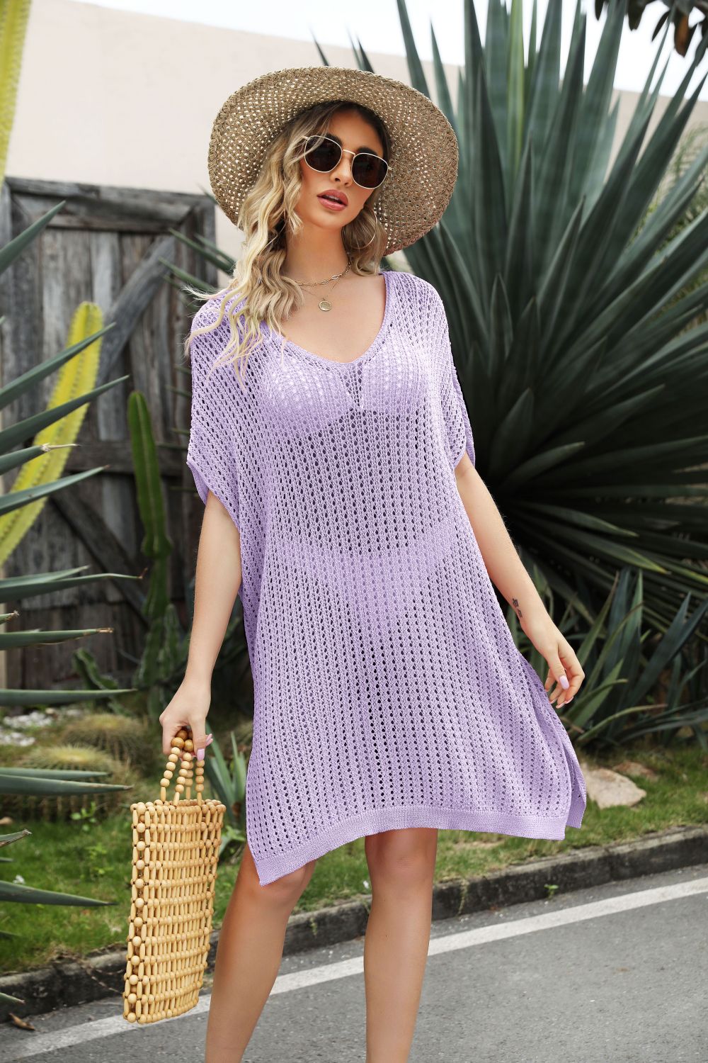 Openwork Side Slit Cover-Up Dress (TB11D) T - Deals DejaVu