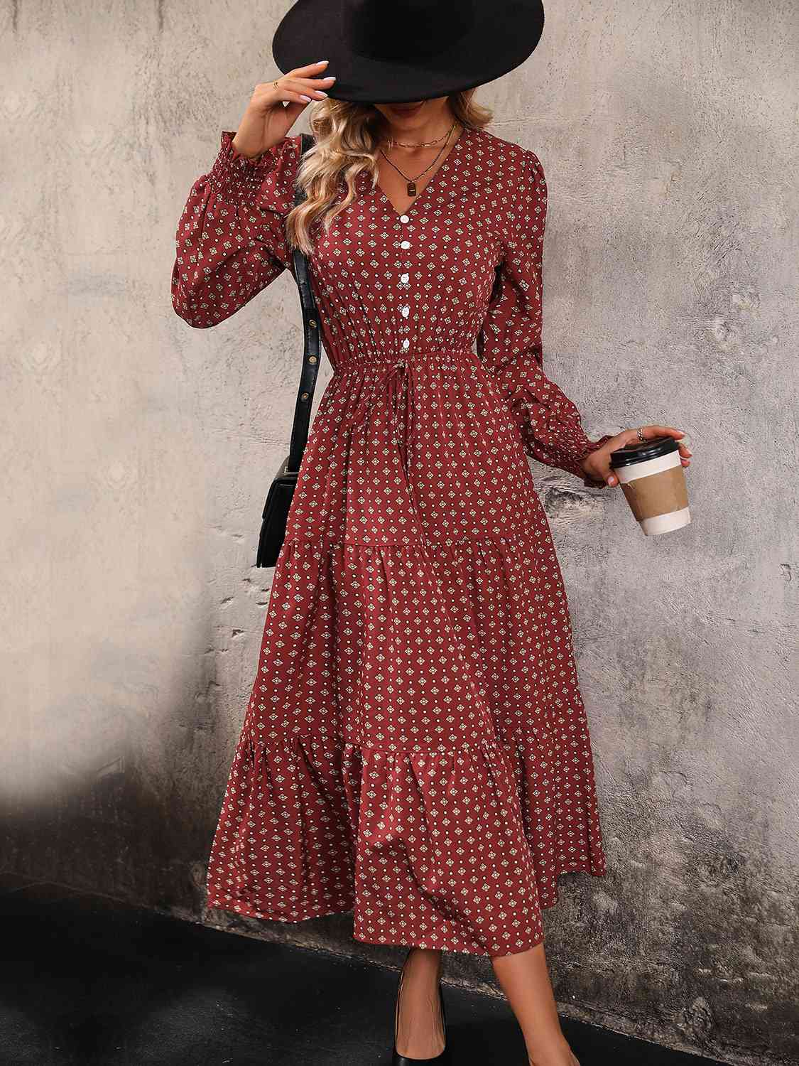 Printed Tiered V-Neck Buttoned Midi Dress (MWBT) T - Deals DejaVu