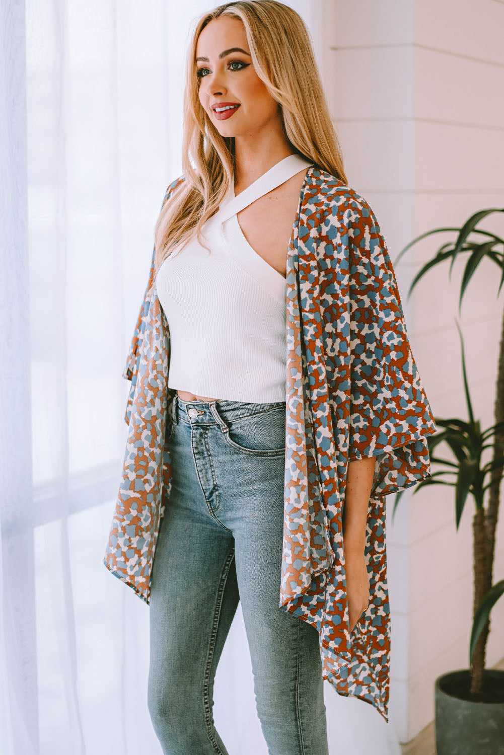 Printed Open Front Three-Quarter Sleeve Cover Up (TB11D) T