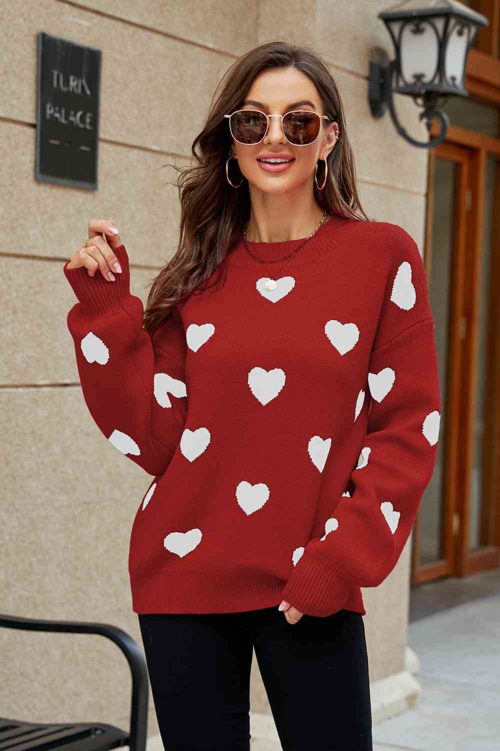 Woven Right Heart Pattern Lantern Sleeve Round Neck Tunic Sweater - Deals DejaVu