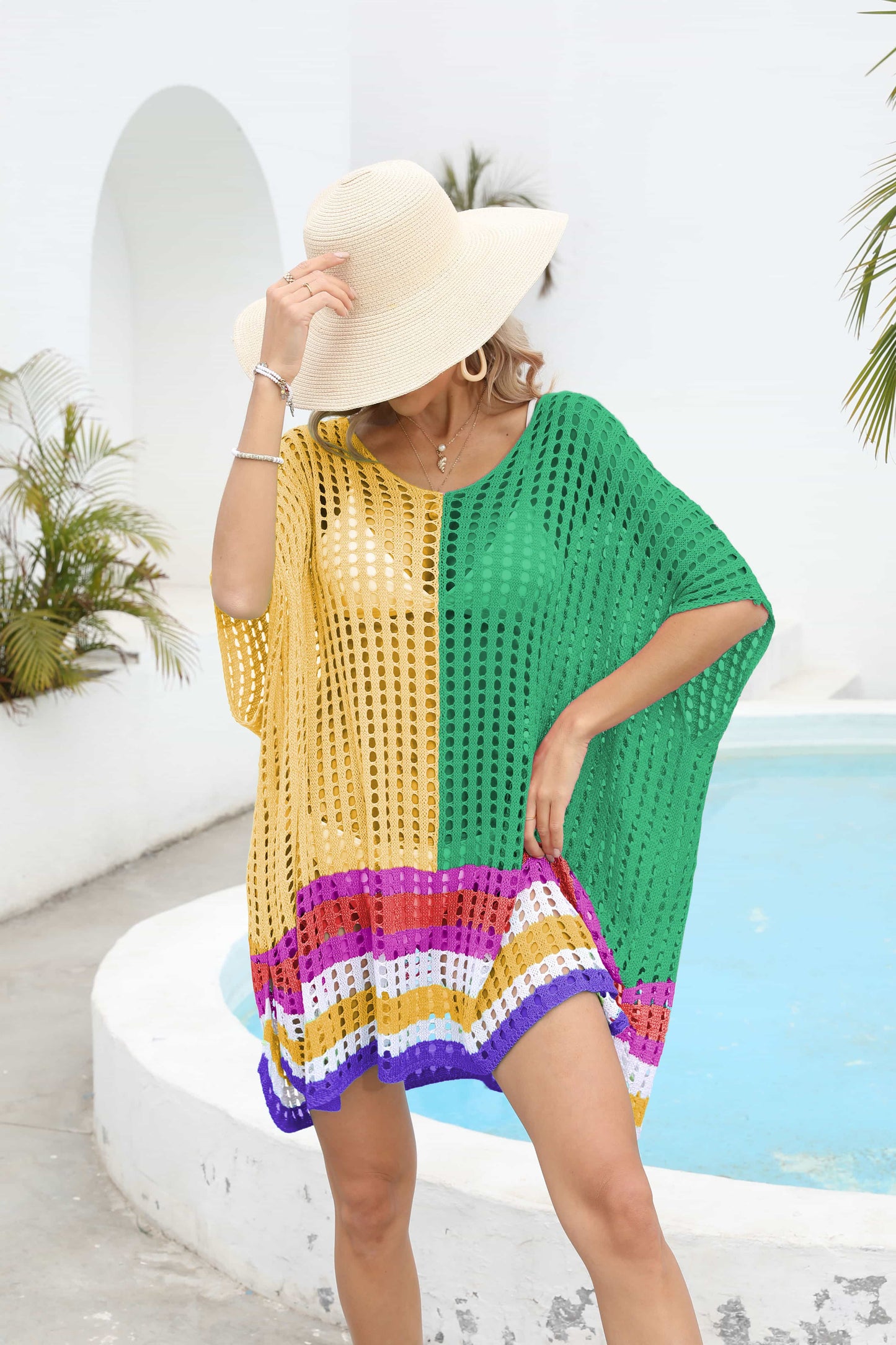 Contrast Scoop Neck Openwork Half Sleeve Cover Up (TB11D) T