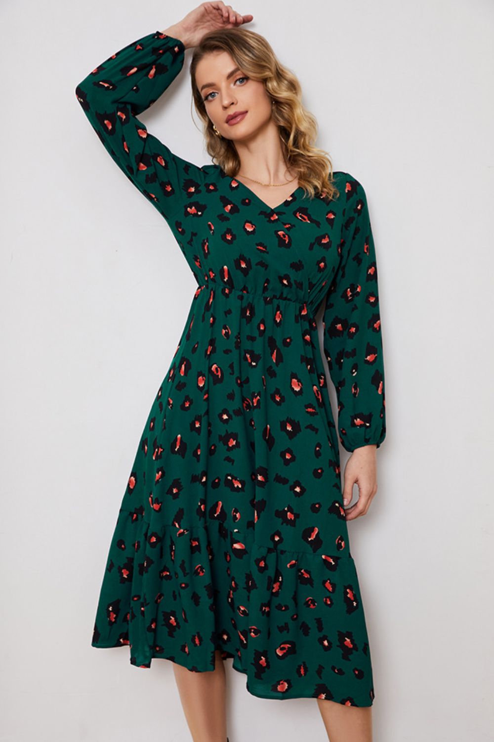 Printed Surplice Neck Long Sleeve Dress (BWD)(WS06)T - Deals DejaVu