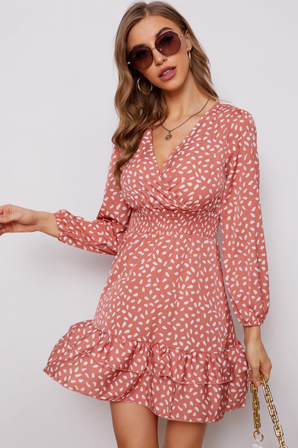Printed Surplice Neck Puff Sleeve Ruffle Hem Dress (BWD)(WS06)T