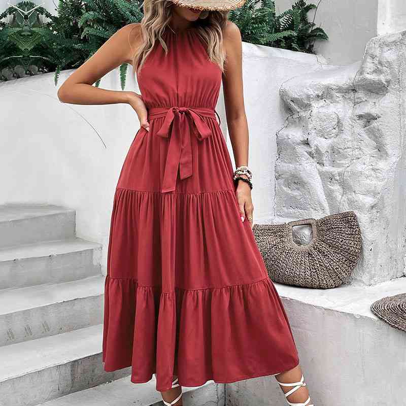 Tie Belt Tiered Midi Dress (MWBT) T - Deals DejaVu