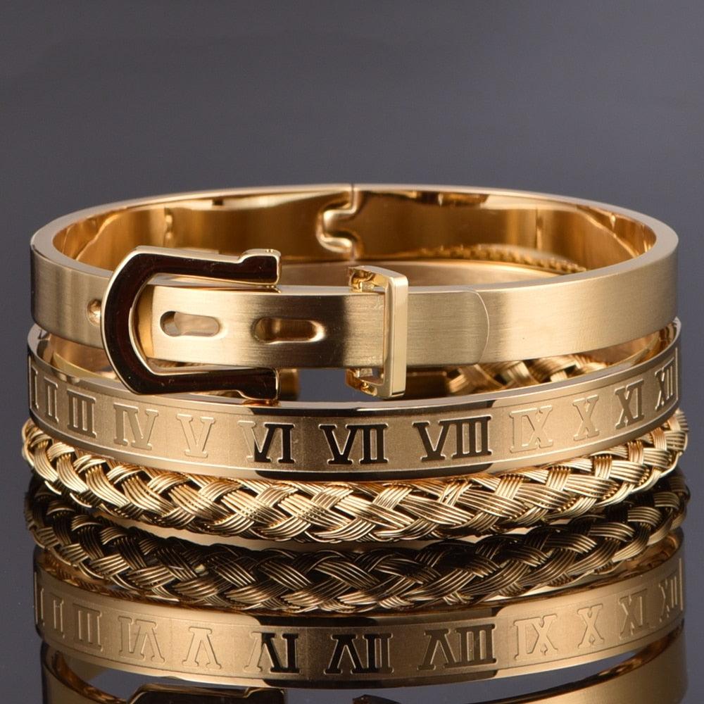 3pcs/Set Classic Stainless Steel Bangle Luxury Cuff Bracelets - Men Fashion Titanium Steel (D83)(MJ3)